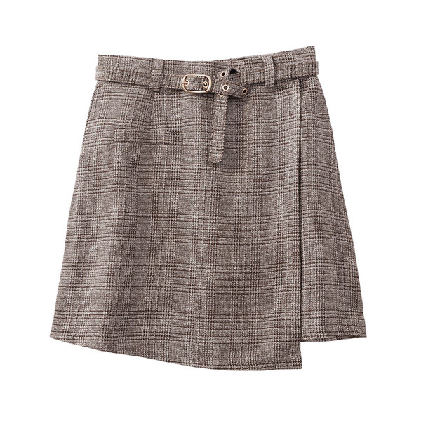 Карирана дамска пола с висока талия и колан в два цвята