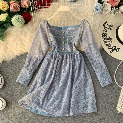 Rochie moderna de dama cu maneci lungi si nasturi in albastru si bej