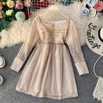 Rochie moderna de dama cu maneci lungi si nasturi in albastru si bej