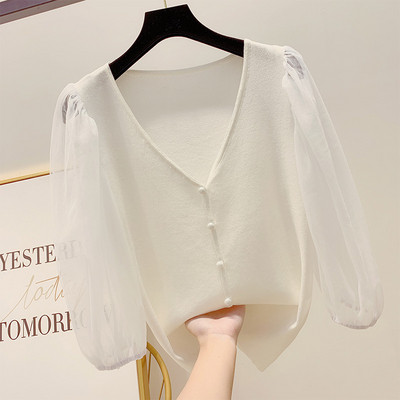 Дамски пуловер с копчета и тюлени ръкав в няколко цвята