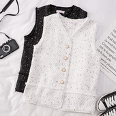 Vestă modernă de damă cu guler în formă de V în alb-negru