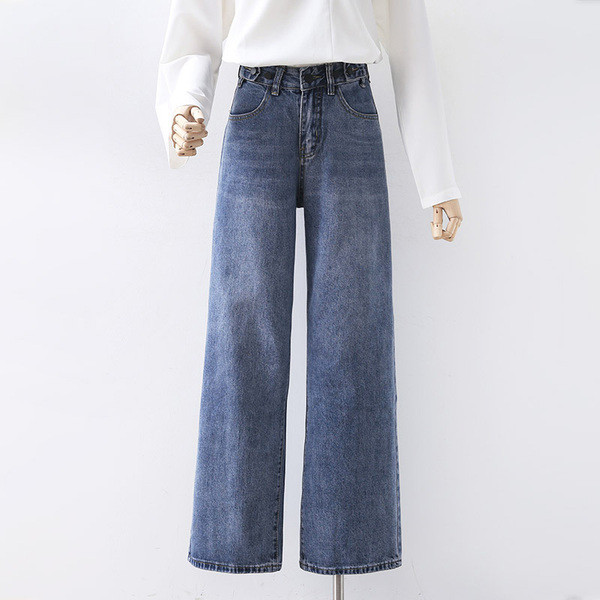 Модерни дамски дънки в син цвят с висока талия - широк модел