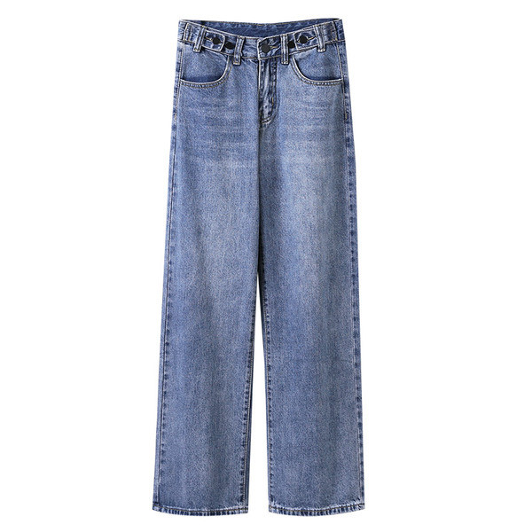 Модерни дамски дънки в син цвят с висока талия - широк модел