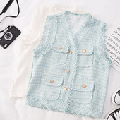 Ежедневен дамски елек с джобове в бял и син цвят