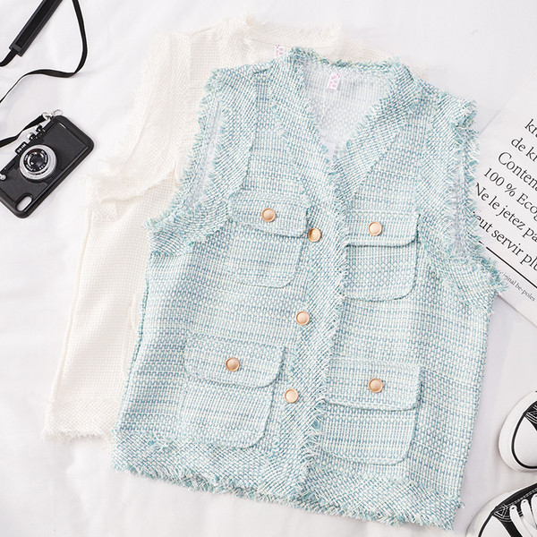 Ежедневен дамски елек с джобове в бял и син цвят