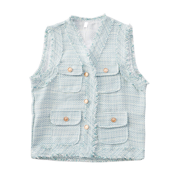 Ежедневен дамски елек с джобове в бял и син цвят