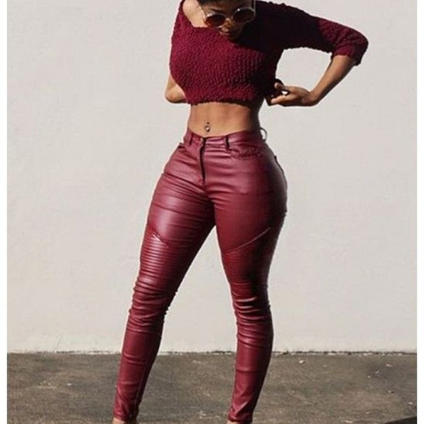 Модерен дамски панталон с висока талия в червен и черен цвят 