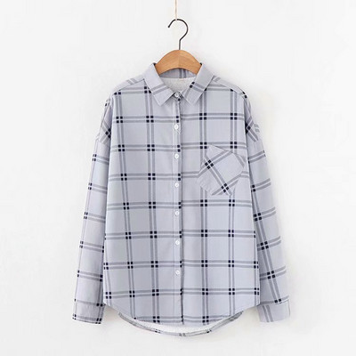 Καρό γυναικεία μπλούζα με τσέπη και μακρύ μανίκι σε διάφορα χρώματα