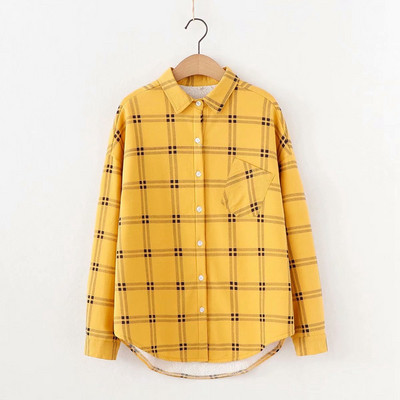 Καρό γυναικεία μπλούζα με τσέπη και μακρύ μανίκι σε διάφορα χρώματα