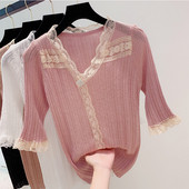 Pulover de dama modern cu dantela si decolteu spitz in mai multe culori