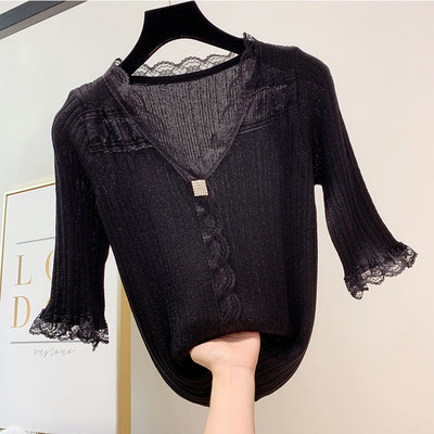 Pulover de dama modern cu dantela si decolteu spitz in mai multe culori