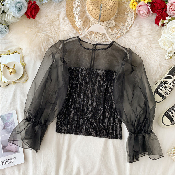 Модерна дамска блуза с пайети и широк ръкав в три цвята