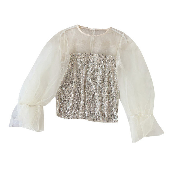 Модерна дамска блуза с пайети и широк ръкав в три цвята