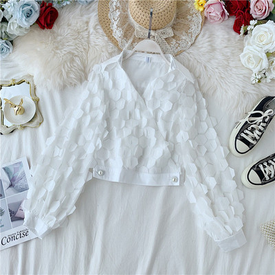 Модерна дамска блуза с дълъг ръкав и яка в бял и черен