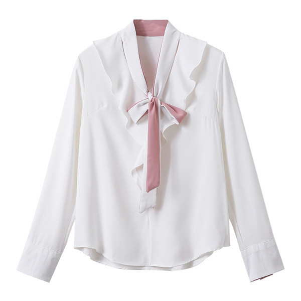 Стилна дамска риза с връзки и дълъг ръкав в бял цвят