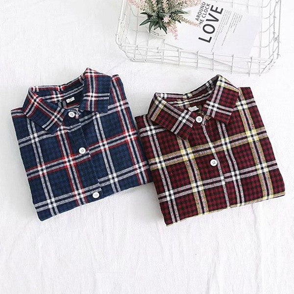 Карирана дамска риза в син и червен цвят с класическа яка