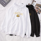 Дамски суичър с качулка и бродерия в черен и бял цвят