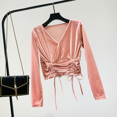 Дамска модерна блуза от кадифе с шпиц деколте в няколко цвята