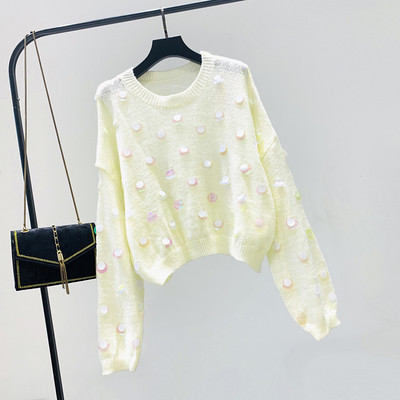 Стилна дамска блуза с пайети и обло деколте в два цвята