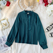 Модерна дамска риза с дълъг ръкав и перли в различни цветове