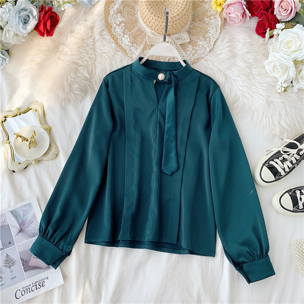 Модерна дамска риза с дълъг ръкав и перли в различни цветове