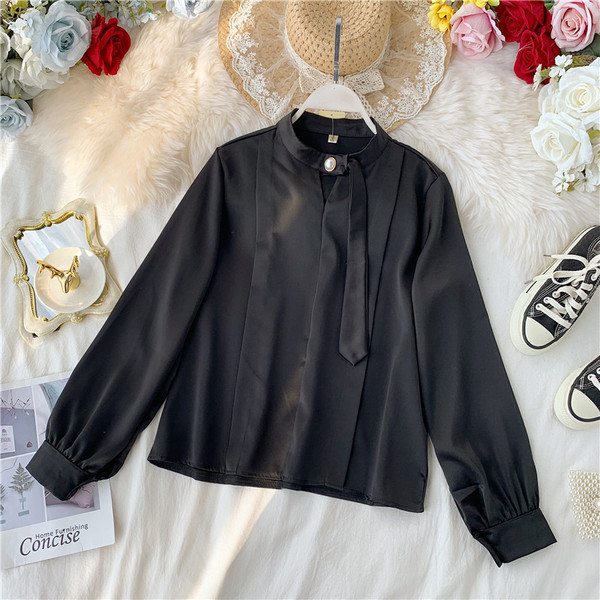 Модерна дамска риза с дълъг ръкав и перли в различни цветове