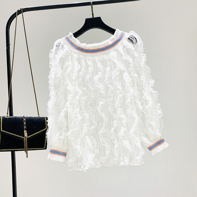 Дамска модерна блуза с обло деколте в черен,бял и бежов цвят