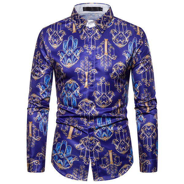 Модерна мъжка риза с яка и шарка в син цвят