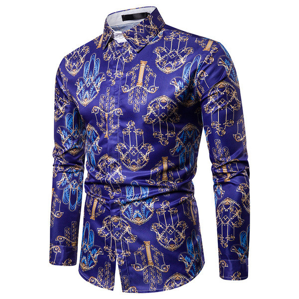 Модерна мъжка риза с яка и шарка в син цвят