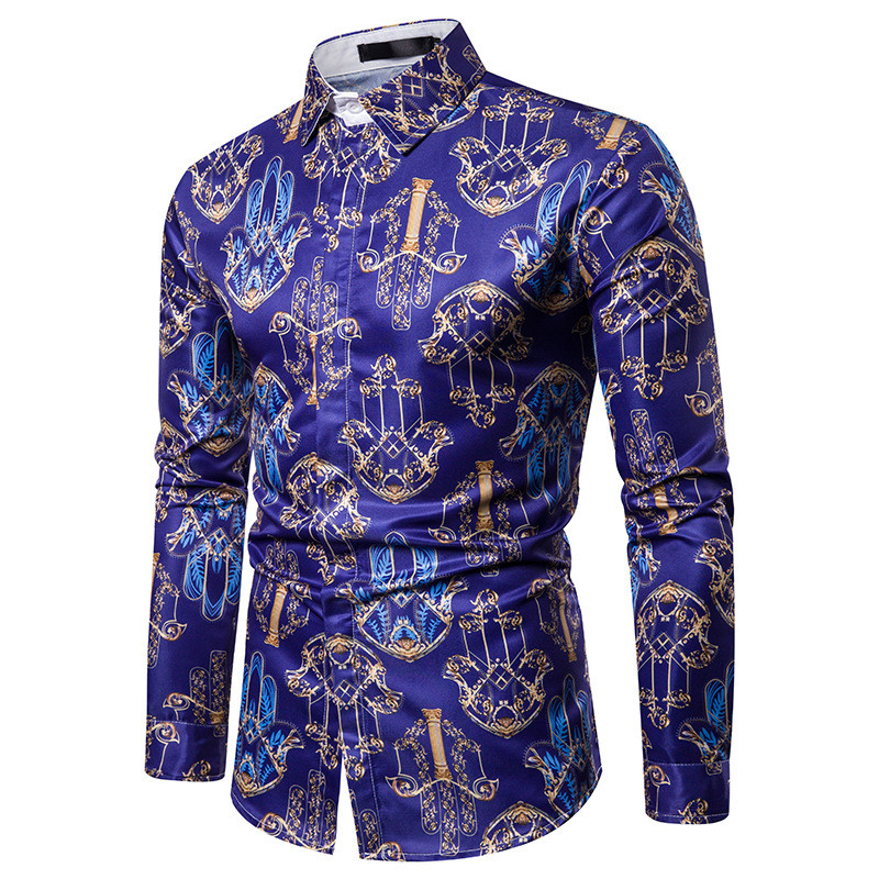 Модерна мъжка риза с яка и шарка в син цвят