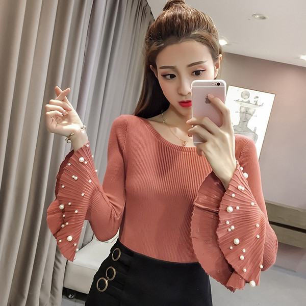 Елегантна дамска блуза с лотос ръкави и перли 