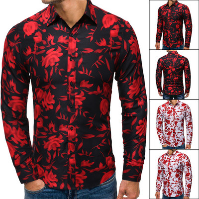 Мъжка риза с яка и флорален десен в черен и червен цвят