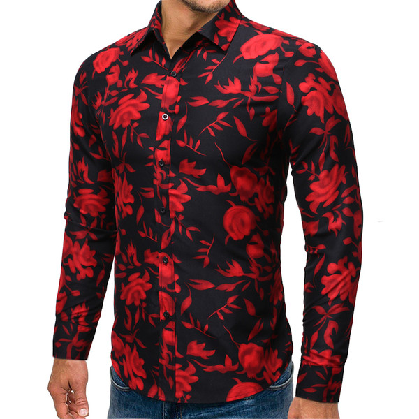 Мъжка риза с яка и флорален десен в черен и червен цвят