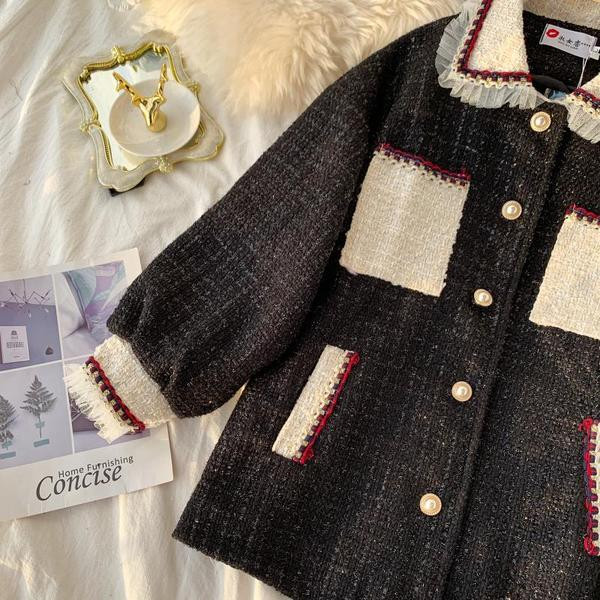 Нов модел модерно дамско палто с класическа яка и джобове в черен цвят