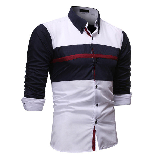 Модерна мъжка риза с яка в бял и тъмносин цвят