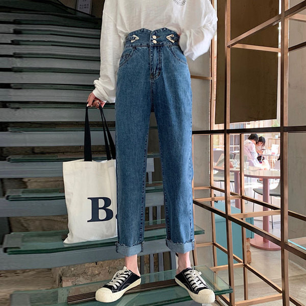 Дамски ежедневни дънки в син цвят с висока талия и джобове