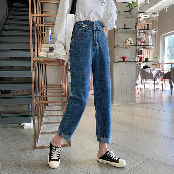 Дамски ежедневни дънки в син цвят с висока талия и джобове