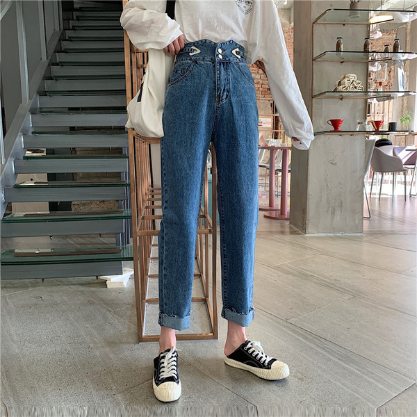 Дамски ежедневни дънки в син цвят с висока талия и джобове