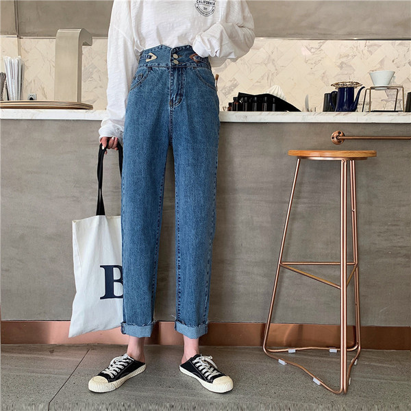 Дамски ежедневни дънки в син цвят с висока талия и джобове