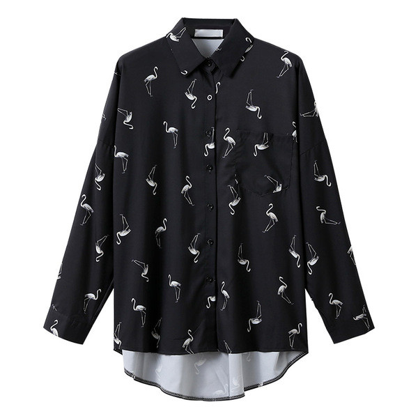 Нов модел модерна дамска риза с класическа яка и шарка в черен цвят