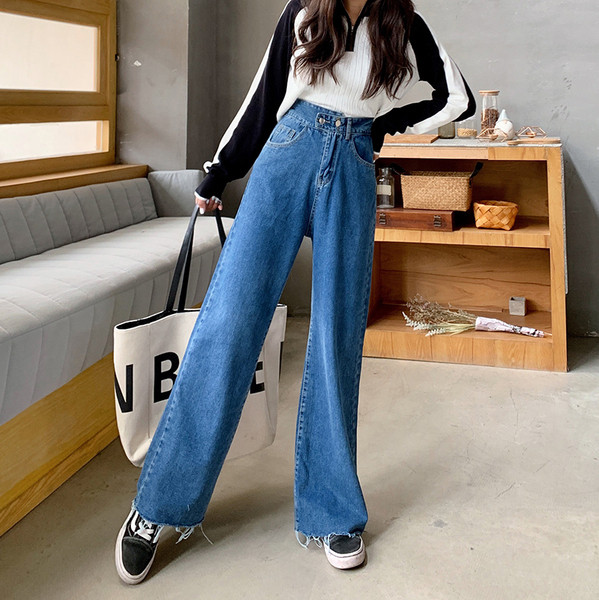 Дамски дънки в син цвят с висока талия прав модел