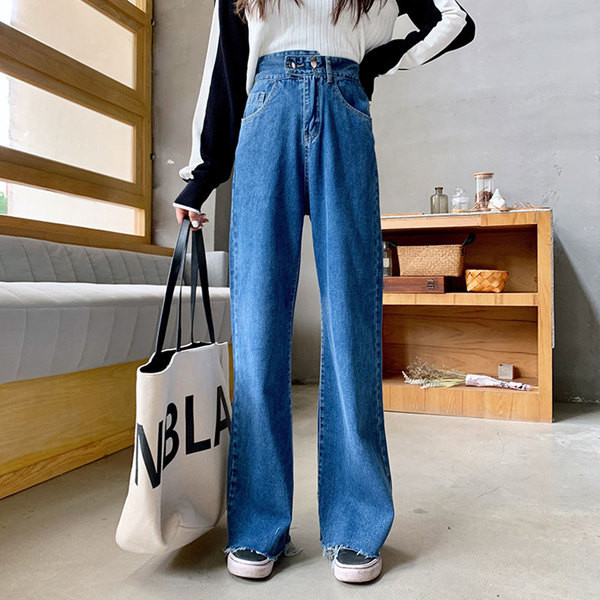 Дамски дънки в син цвят с висока талия прав модел