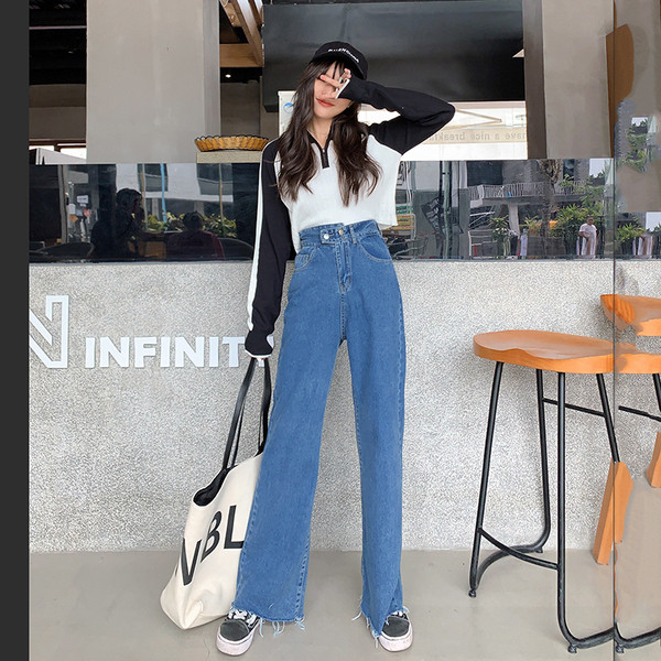 Дамски дънки в син цвят с висока талия прав модел