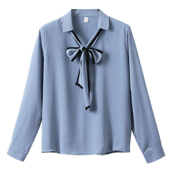 Нов модел дамска риза с връзки и дълъг ръкав в син цвят