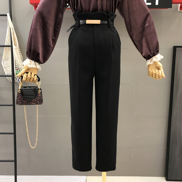 Стилен дамски панталон с висока талия и колан в черен, кафяв и сив цвят