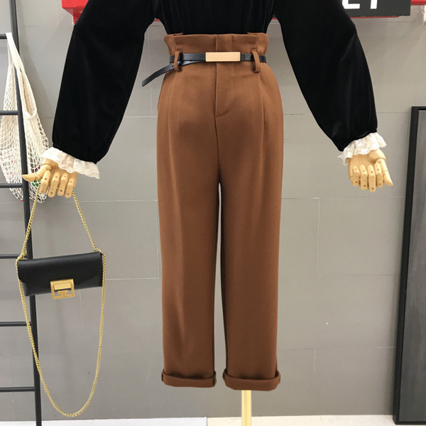 Стилен дамски панталон с висока талия и колан в черен, кафяв и сив цвят