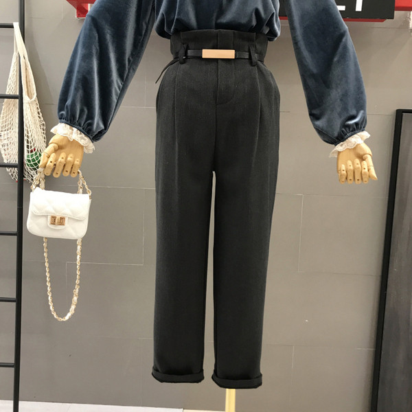 Стилен дамски панталон с висока талия и колан в черен, кафяв и сив цвят