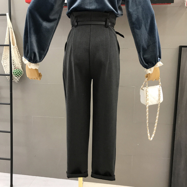 Стилен дамски панталон с висока талия и колан в черен, кафяв и сив цвят