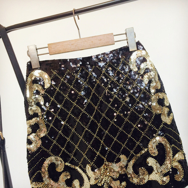 Дамска стилна пола с пайети и висока талия 