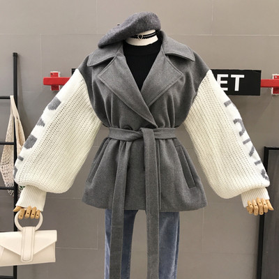 Дамско ежедневно палто с колан в сив и бежов цвят